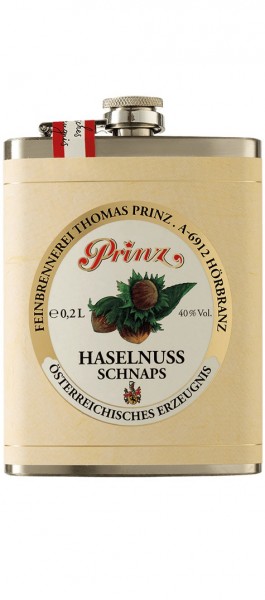 Prinz Haselnuss Schnaps im Edelstahlflachmann Alk.40vol.% 0,2l