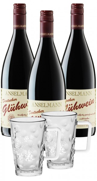 Anselmann Glühwein-Set - 3x Deutscher Glühwein rot Liter + 2x Dubbe-Tässel Klarglas 0,25l