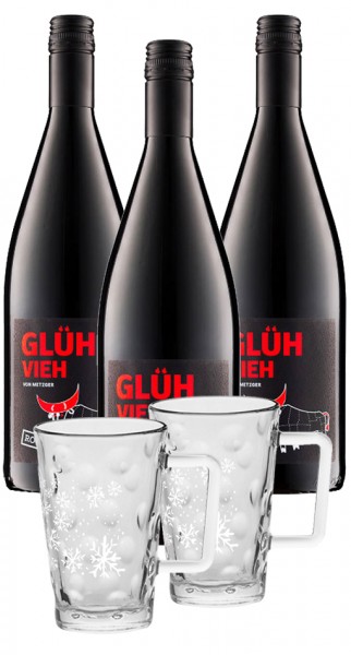 Metzger Glühwein-Set - 3x GlühVieh rot Liter + 2x Dubbe-Tässel Klarglas 0,25l