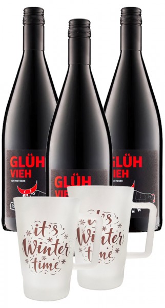 Metzger Glühwein-Set - 3x GlühVieh rot Liter + 2x Dubbe-Tässel 0,2l Satiniert