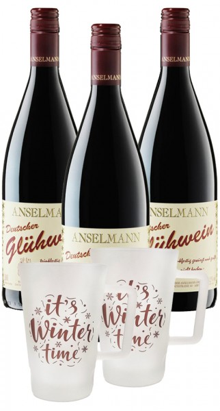 Anselmann Glühwein-Set - 3x Deutscher Glühwein rot Liter + 2x Dubbe-Tässel 0,2l Satiniert
